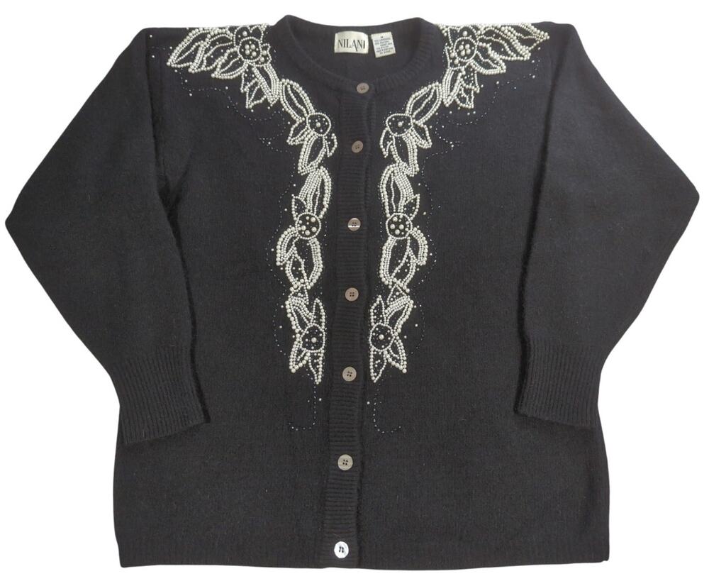 VTG Nilani Womens Cardigan Sweater M Black Beaded Floral Lambswool Angora